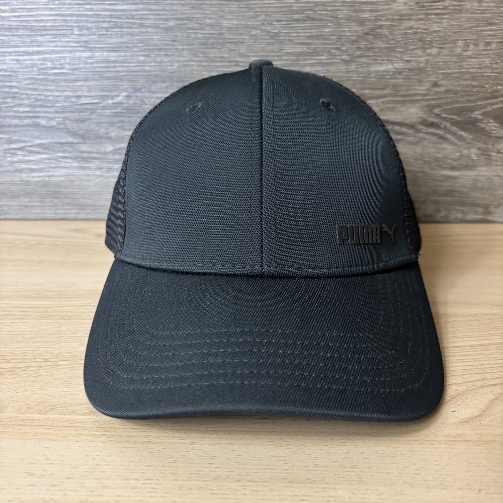 Puma Hat Cap Snap Back Black Mesh Trucker Embroidered Logo Mens Athletic Golf